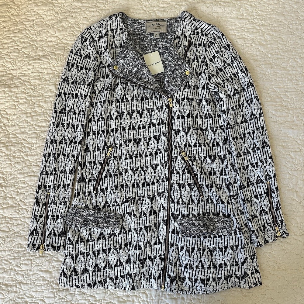 Lucky Brand Jacket Women's Small White Black Geometric Moto Cotton Blend Zip NWT